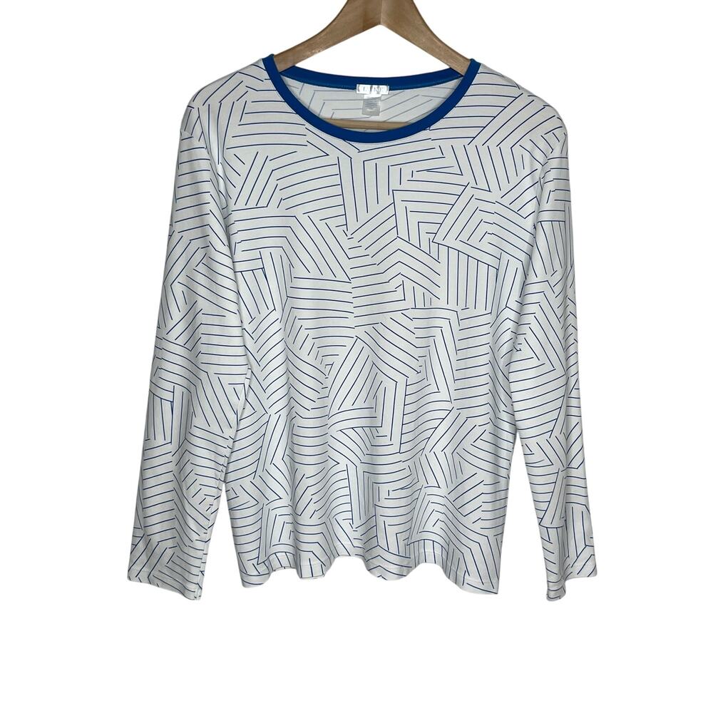 LAKE Pima Cotton Pajama Top L Blue White Geometric Soft Loungewear